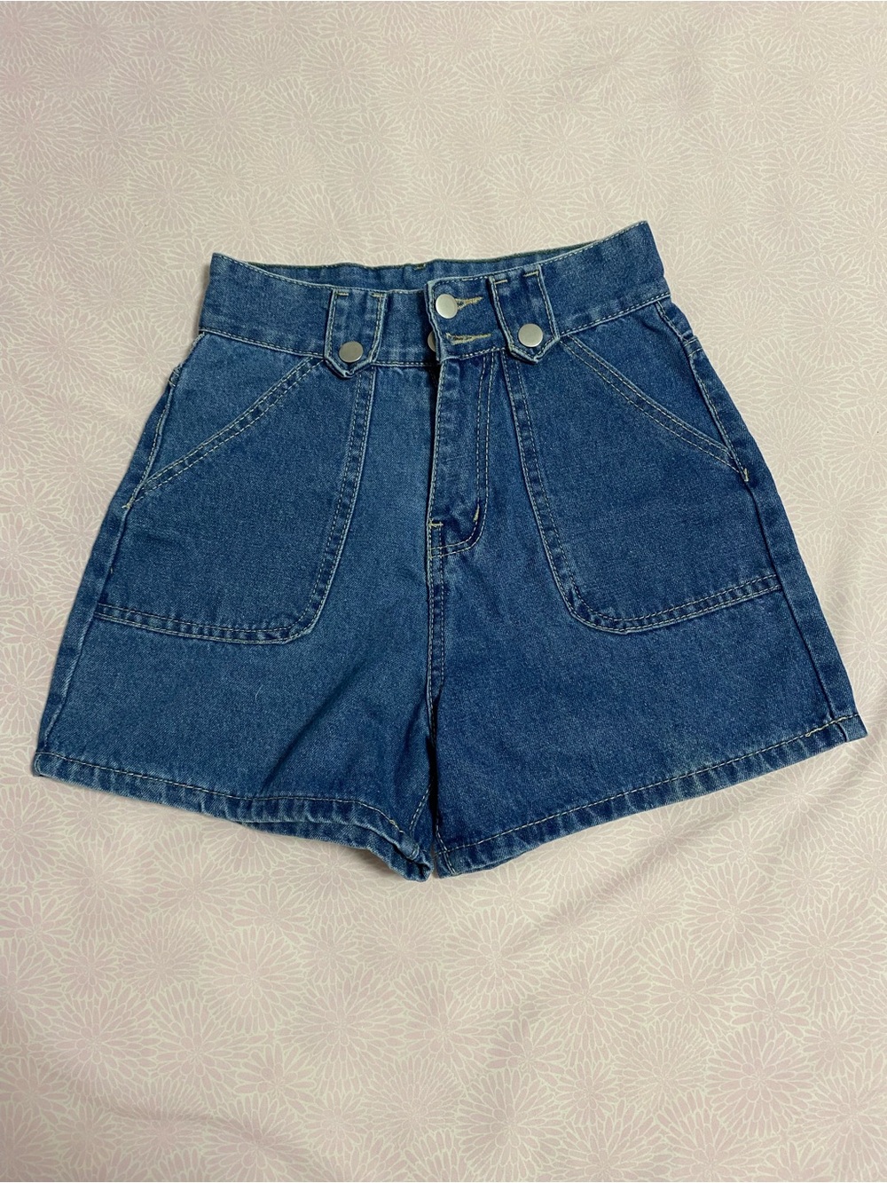 High-Rise Blue Denim Jean Shorts with Front Patch Pockets